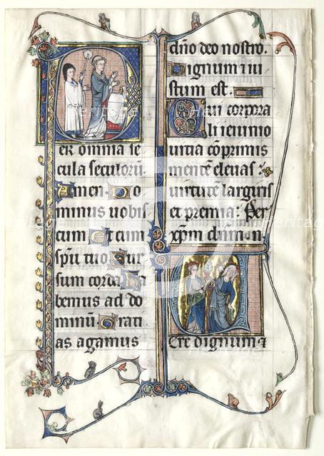 Leaf from a Missal with Two Historiated Initials: Initial P[er omnia saecula saeculorum]..., c. 1300 Creator: Unknown.