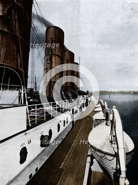 'The boat deck of the Lusitania, showing lifeboats', 1915. Artist: Unknown.