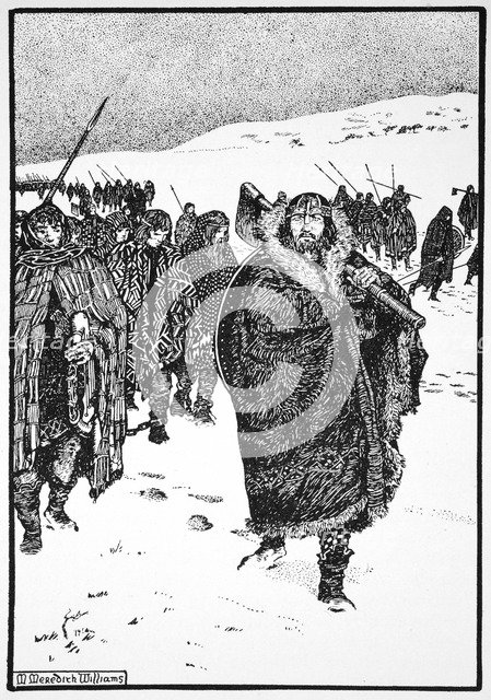 'Murtough on his journey with the King of Munster in fetters', 941 (1913). Artist: Morris Meredith Williams