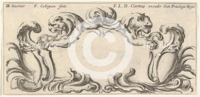 Plate 10: a cartouche with the heads of two lions in profile to left and right in t..., ca. 1640-45. Creator: Francois Collignon.