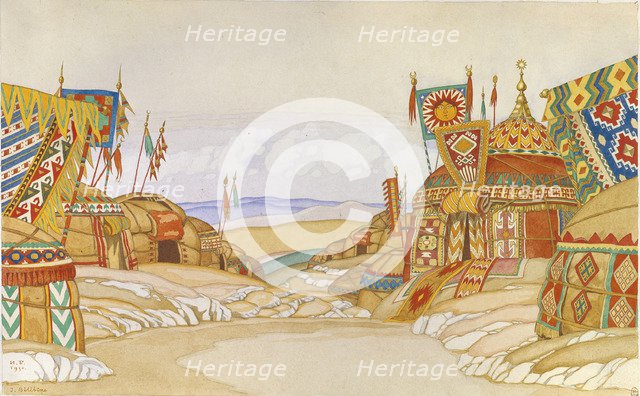 The Polovtsian camp. Stage design for the opera Prince Igor by A. Borodin, 1930. Artist: Bilibin, Ivan Yakovlevich (1876-1942)