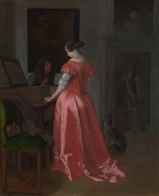 A Woman standing at a Harpsichord, ca 1675. Artist: Ochtervelt, Jacob Lucasz. (1634-1682)