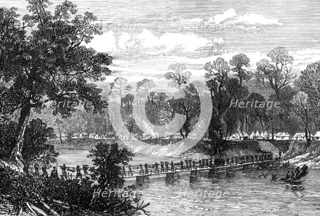 The Ashantee War: the Camp at Prah-Su - native artillery crossing the river..., 1874. Creator: Unknown.