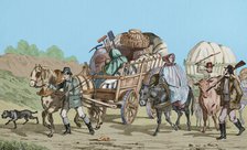 Emigrants on carts heading out West, United States, 1837, (1850).   Creator: Emile Louis Vernier.