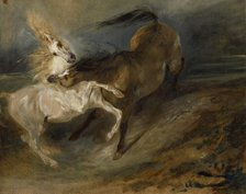 Two Horses Fighting In A Stormy Landscape, c1828. Creator: Eugene Delacroix.