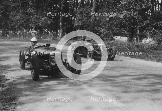 Two Riley Brooklands racing at Donington Park, Leicestershire, 1930s. Artist: Bill Brunell.