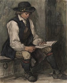 Boy sits and reads in a book, 1860-1890. Creator: Carl Gustaf Hellqvist.