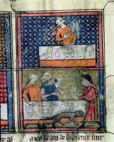 Lady with a table set for a banquet (quarter 2) and man and woman before a table and man with a h…