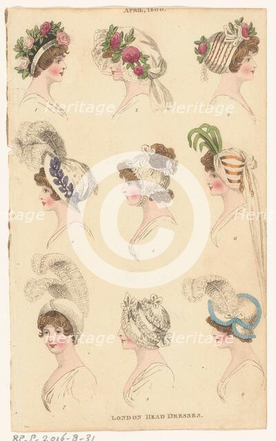 Magazine of Female Fashions of London and Paris, April 1800, London Head Dresses, 1800. Creator: Unknown.