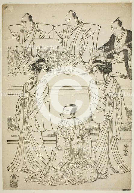 The Actors Segawa Kikunojo III as the ghost of Yatsuhashi, Sawamura Sojuro III as Soga no ..., 1783. Creator: Torii Kiyonaga.