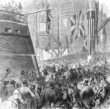 Launch of the screw-corvette Druid, Deptford Dockyard: Princess Louise releasing the dog-shore, 1869 Creator: A. H..