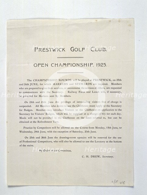 Members rules for Open Championship, Prestwick, 1925. Artist: Unknown