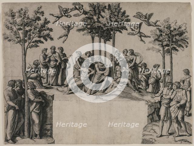 Apollo on Parnassus, c. 1517-1520. Creator: Marcantonio Raimondi (Italian, 1470/82-1527/34).