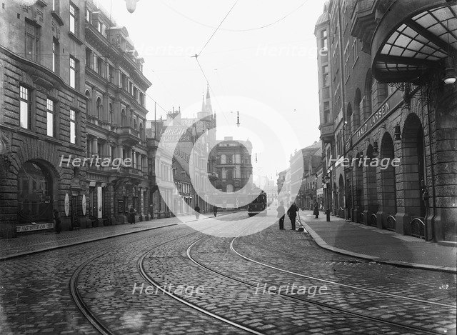 Tram on a street in Malmö, Sweden, c1920. Artist: Unknown