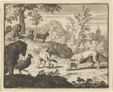 The Lion Allows a Fight Between the Wolf and Renard, 1650-75. Creator: Allart van Everdingen.