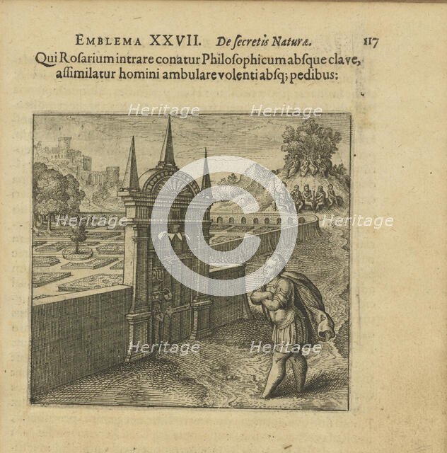 Emblem 27. Whoever wants to go in the philosopher's rose garden without the key is like a..., 1618. Creator: Merian, Matthäus, the Elder (1593-1650).