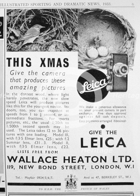 Advert for Leica cameras sold by Wallace Heaton Ltd, New Bond Street, London, 1933. Artist: Unknown