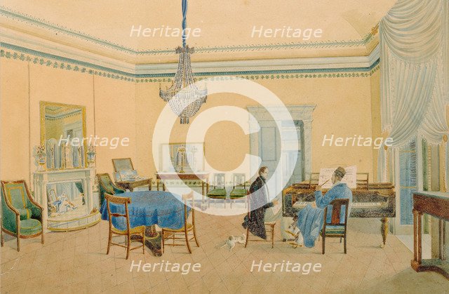 Interior with figures. The Music Room, 1830-1839. Artist: Anonymous  