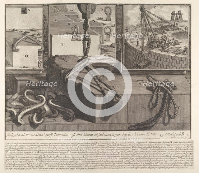 Demonstration panel showing technique for raising travertine and marble blocks for the con..., 1756. Creator: Giovanni Battista Piranesi.