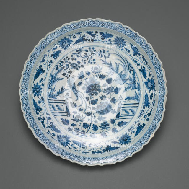 Shallow Dish with Long-Tailed Birds in a Garden of Stylized..., Yuan dynasty, early/mid-14th cent. Creator: Unknown.