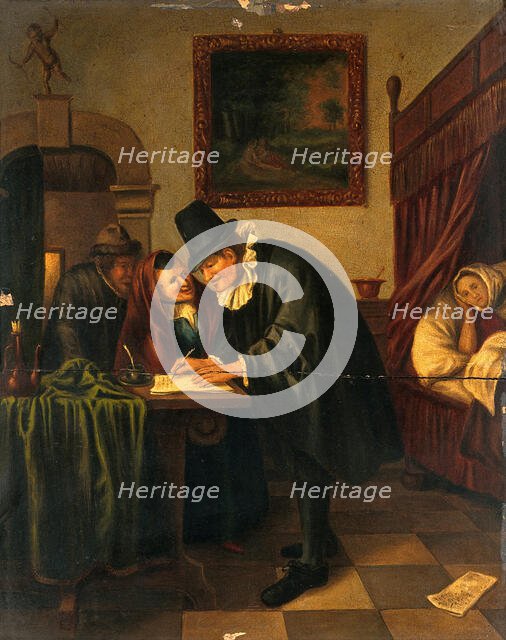 A physician writing a prescription for a sick young woman, c1650s. Creator: Unknown.