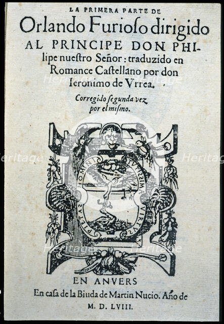 Cover of the rare edition of 'Orlando Furioso', 1557-1558. Creator: Ariosto, Ludovico (1474 - 1533).