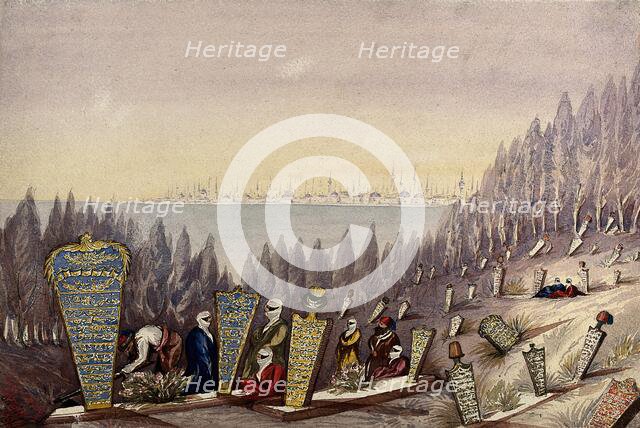 Scutari: people in the Turkish burial ground; city in the background, 1854. Creator: Montagu O'Reilly.