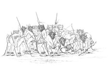 Native American hunters dancing wearing buffalo masks, 1841.Artist: Myers and Co