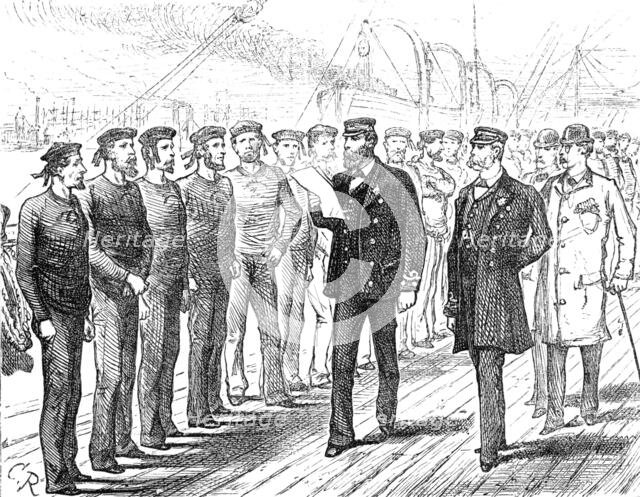 Departure of a Cunard steamer from Liverpool: muster of the crew for inspection, 1881. Creator: Unknown.