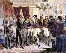 Amadeo of Savoy gives his condolences to the Duchess of Prim in the Buenavista Palace on January …