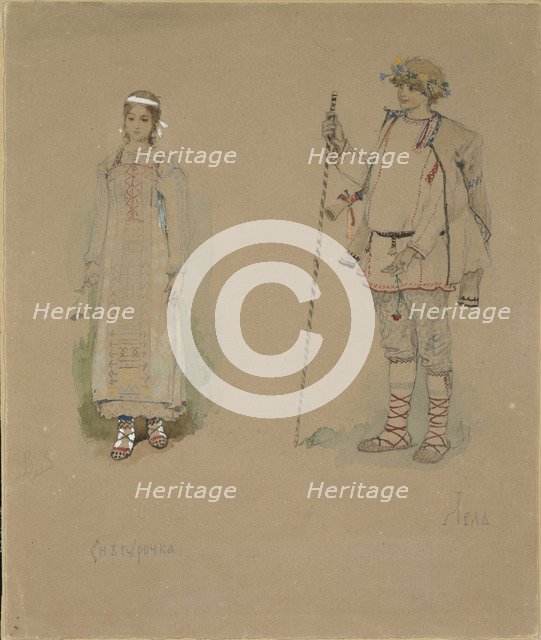 Snow Maiden and Lel. Costume design for the opera Snow Maiden by N. Rimsky-Korsakov, 1885. Artist: Vasnetsov, Viktor Mikhaylovich (1848-1926)