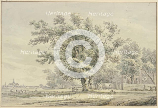 House with a wagon under trees, a meadow with cattle and a village to the left. Creator: Hendrik Spilman.