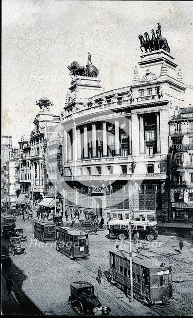 Electric trams running through the Alcala street in Madrid, 1910.