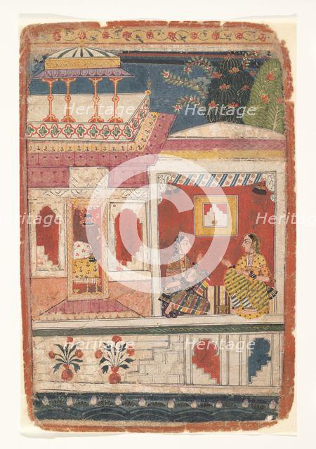 Radha and Her Confidant Sit in an Open Room: Page from a Dispersed Rasikapriya , ca. 1680-90. Creator: Unknown.