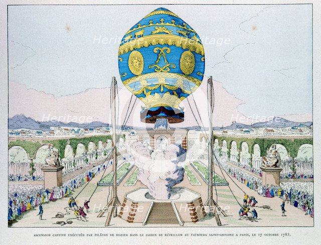 Ascent in captive hot air balloon made by Pilatre de Rozier, Paris, 11 October 1783 (1887). Artist: Anon