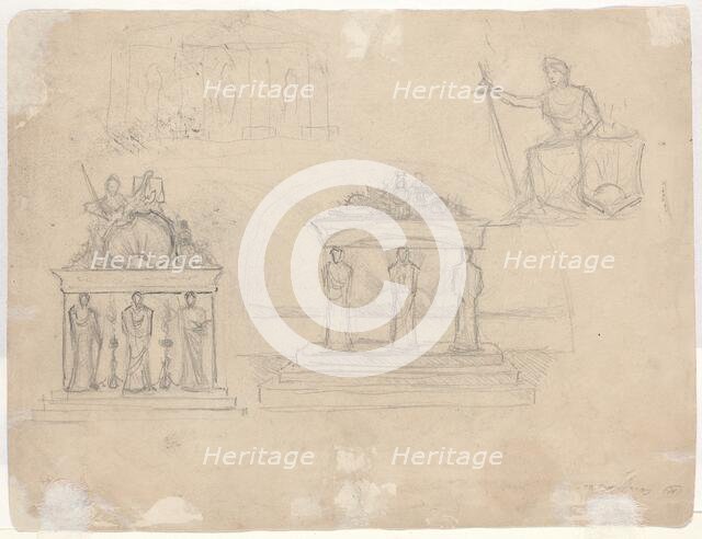 Studies of Classical Temple Facades and Seated Female Figure [verso]. Creator: John William Casilear.
