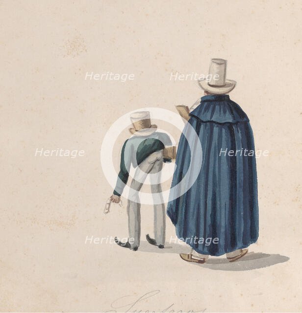 Two Peruvian fortune tellers (?) wearing top hats viewed from behind, from a group..., ca. 1848. Creator: Attributed to Francisco (Pancho) Fierro.