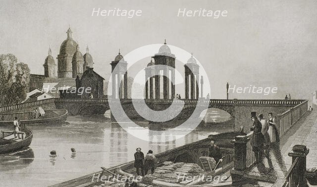 Trinity Church (Troitskoi Church) and bridge over Fontanka Canal, Saint Petersburg, Russia, 1839. Creator: Samuel Cholet.