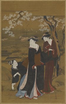 Three women under a flowering cherry tree at the seashore, 1769-1825. Creator: Utagawa Toyokuni I.