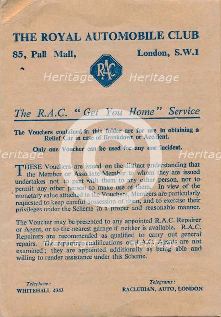 The Royal Automobile Club vouchers, 1952. Artist: Unknown