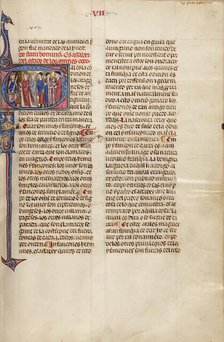 Initial T: Clerics, Nobles, and Peasants Standing before a King; Vidal Mayor, about 1290-1310. Creator: Unknown.