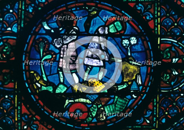 Roland breaks his sword and sounds his horn, stained glass, Chartres Cathedral, France, 1194-1260. Artist: Unknown