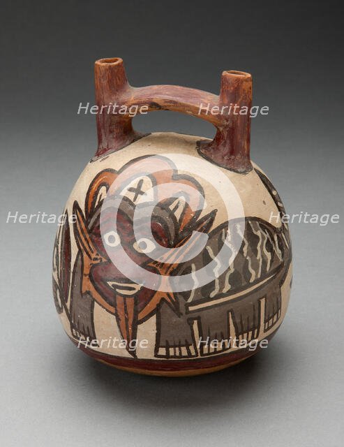 Double Spout Vessel Depicting Costumed Figure with Feline Attributes, 180 B.C./A.D. 500. Creator: Unknown.