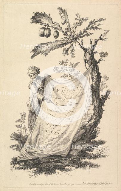 Title page: a smiling man holds a corner of a cloth tied to a fig tree and points with a s..., 1759. Creator: Pierre-Charles Canot.