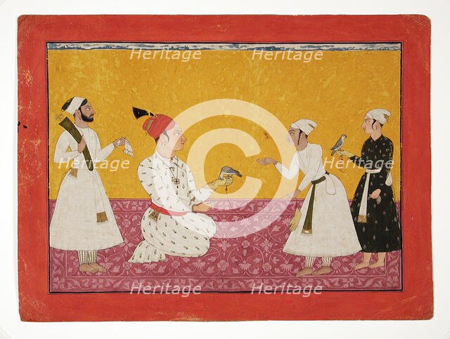 Raja Medini Pal (Reigned 1722-1736) of Basohli Being Presented with a Falcon, c1725. Creator: Unknown.
