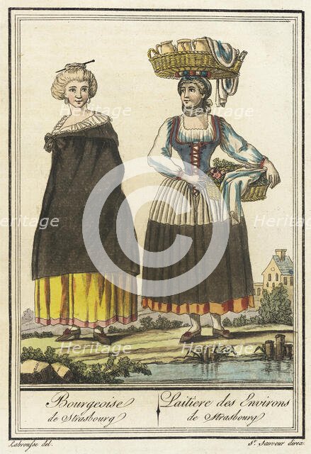 Costumes de Différent Pays, 'Bourgeoise de Strasbourg/ Laitiere des Environs de Strasbourg', c1797. Creators: Jacques Grasset de Saint-Sauveur, LF Labrousse.