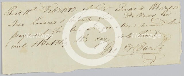 Bill of sale for two men, Daniel and Bartley, to Edward Rouzee, February 18, 1812. Creator: Unknown.