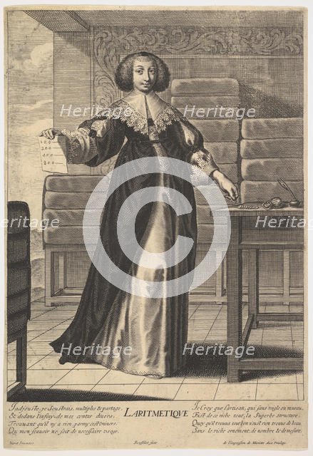 Arithmetic: a young woman standing at a table, holding a sheet with inscribed numbers i..., 1633-35. Creator: Gilles Rousselet.