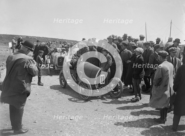 Raymond Mays' Bugatti Brescia and JS Chance's Enfield Allday, Porthcawl Speed Trials, Wales, 1922. Artist: Bill Brunell.