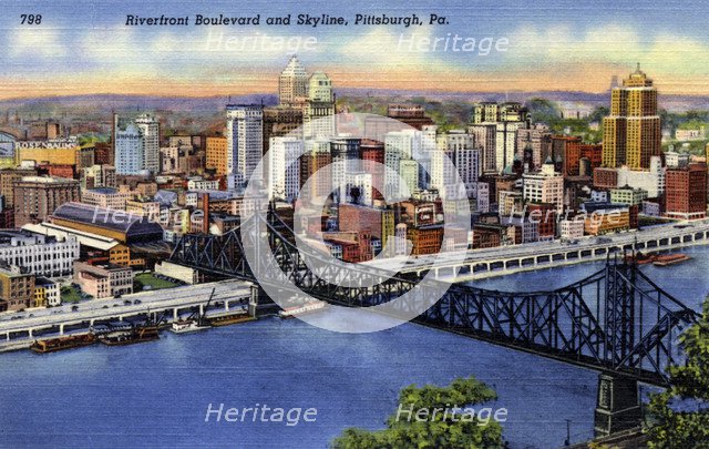 Riverfront Boulevard and city skyline, Pittsburgh, Pennsylvania, USA, 1940. Artist: Unknown